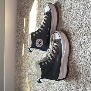 Custom Chuck Taylor Black/Silver Leather and White Platform High-Top Sneakers